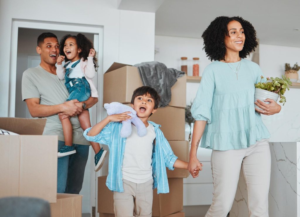 Happy kids wow or excited parents in new home real estate property investment or rental apartment Surprise shocked father or children walking or holding hands with mom in family house together